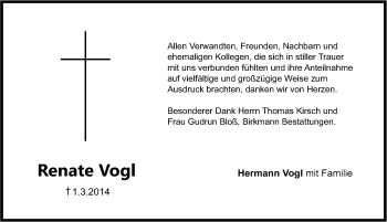 Traueranzeige von Renate Vogl von Pegnitz-Zeitung